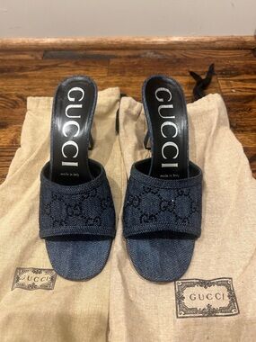 Gucci Denim Slide Mules in Dark Blue with Embroidered GG